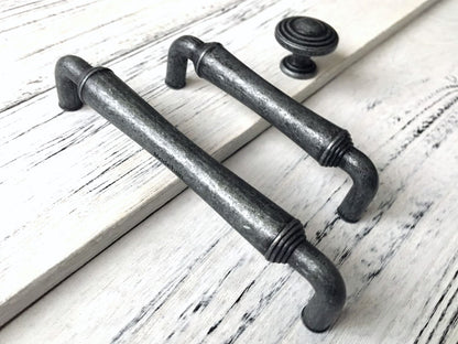 Industrial Antique Pewter Cabinet Drawer Pulls and knobs  - 3.75" 5" centres