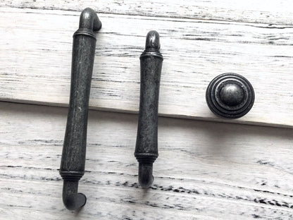 Antique Pewter Cabinet Drawer Pulls and knobs  - 3.75" 5" centres, industrial style 