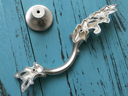 Antique Silver Cabinet Door Handle, Leafy Drawer Pulls, French Provincial Vertical Hardware