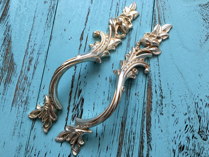Antique Silver Cabinet Door Handle, Leafy Drawer Pulls, French Provincial Vertical Hardware
