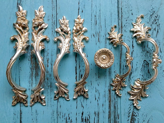Antique Silver Cabinet Door Handle, Leafy Drawer Pulls, French Provincial Vertical Hardware