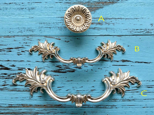 Antique Silver Cabinet Door Handle, Leafy Drawer Pulls, French Provincial Vertical Hardware