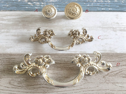 French Provincial Floral Leafy Knobs & Drawer Pulls, Antique Silver, 1.75" 2.5" 3" C-C