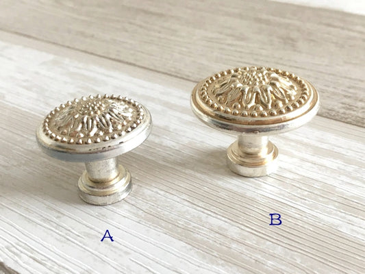 French Provincial Floral Leafy Knobs & Drawer Pulls, Antique Silver, 1.75" 2.5" 3" C-C