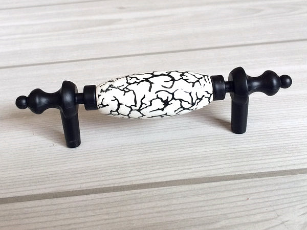3" 3.75" Black Ceramic Cabinet Pulls - White Crackle
