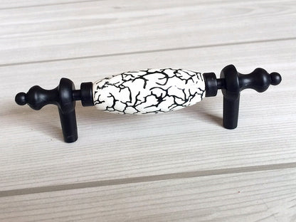 3" 3.75" Black Ceramic Cabinet Pulls - White Crackle