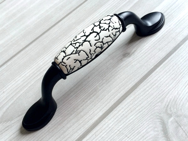 3" 3.75" Black Ceramic Cabinet Pulls - White Crackle