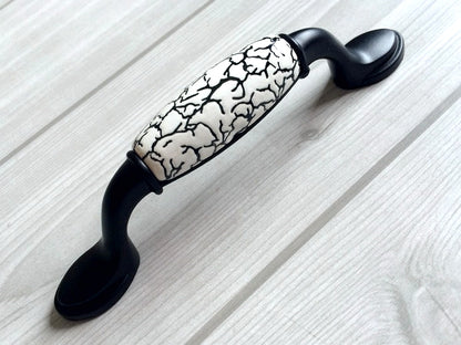 3" 3.75" Black Ceramic Cabinet Pulls - White Crackle