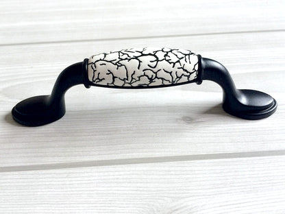 3" 3.75" Black Ceramic Cabinet Pulls - White Crackle