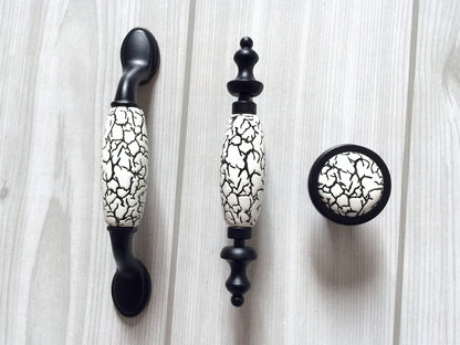 3" 3.75" Black Ceramic Cabinet Pulls - White Crackle