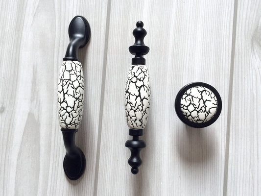 3" 3.75" Black Ceramic Cabinet Pulls - White Crackle