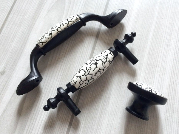3" 3.75" Black Ceramic Cabinet Pulls - White Crackle