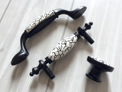 3" 3.75" Black Ceramic Cabinet Pulls - White Crackle