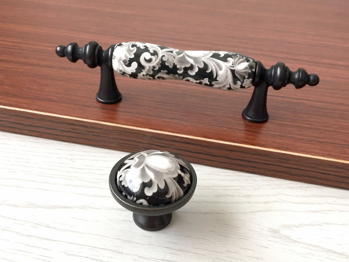 3" Centers Ceramic Gray & Black Floral Cabinet Pull & Knob - 76 mm - LynnsHardware