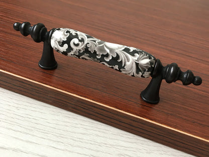 3" Centers Ceramic Gray & Black Floral Cabinet Pull & Knob - 76 mm - LynnsHardware