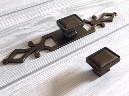 Antique Bronze Rectangular Drawer Pull, Georgian Style Cabinet Knob with Backplate