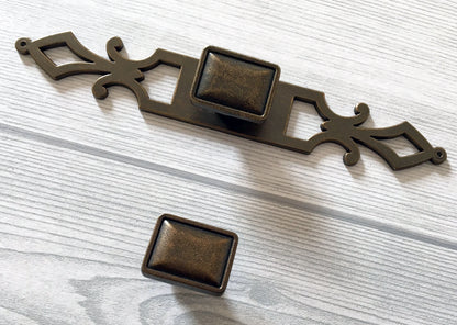 Antique Bronze Rectangular Drawer Pull, Georgian Style Cabinet Knob with Backplate