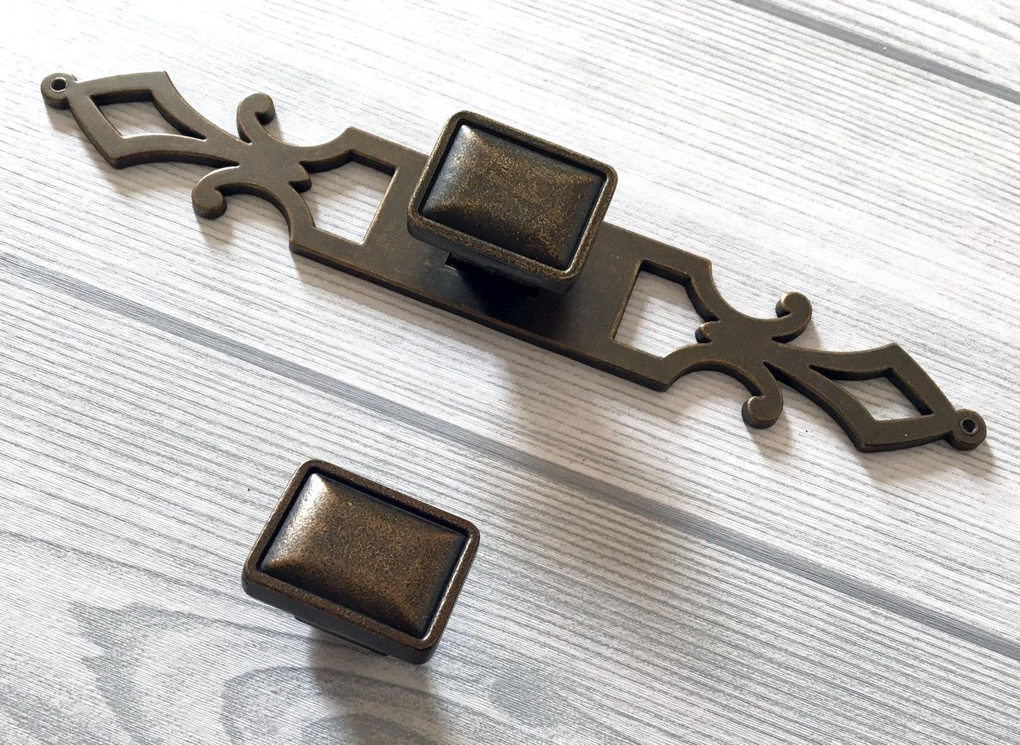 Antique Bronze Rectangular Drawer Pull, Georgian Style Cabinet Knob with Backplate