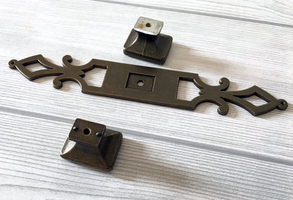 Antique Bronze Rectangular Drawer Pull, Georgian Style Cabinet Knob with Backplate