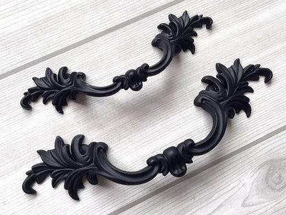 3" 3.75" Centers Black Leafy Drawer Pulls, Floral Knob, Vintage Shabby Chic