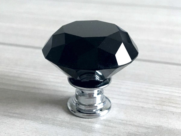 3.75" 5" Black Crystal Glass Drawer Pull & Diamond Cut Knob, Silver Chrome