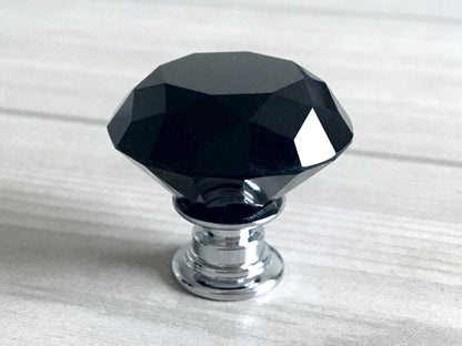 3.75" 5" Black Crystal Glass Drawer Pull & Diamond Cut Knob, Silver Chrome