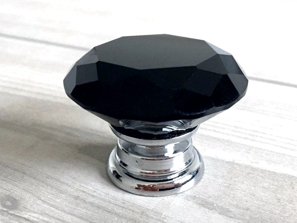 3.75" 5" Black Crystal Glass Drawer Pull & Diamond Cut Knob, Silver Chrome