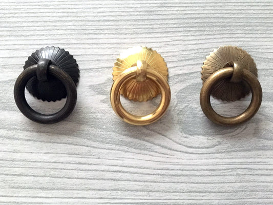 Small Ring Drop Drawer Pulls, Unlacquered Brass, Antique Black, Antique Bronze