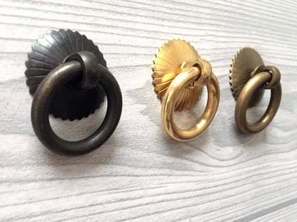 Small Ring Drop Drawer Pulls, Unlacquered Brass, Antique Black, Antique Bronze