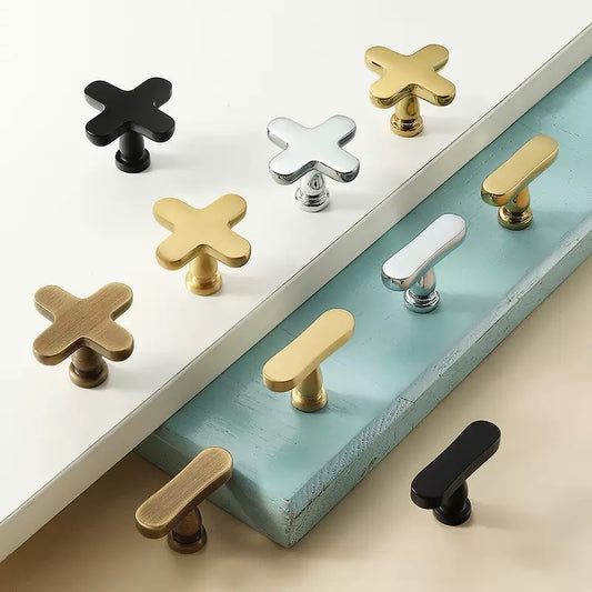 Solid brass plus and minus symbol cabinet knobs for modern interiors 