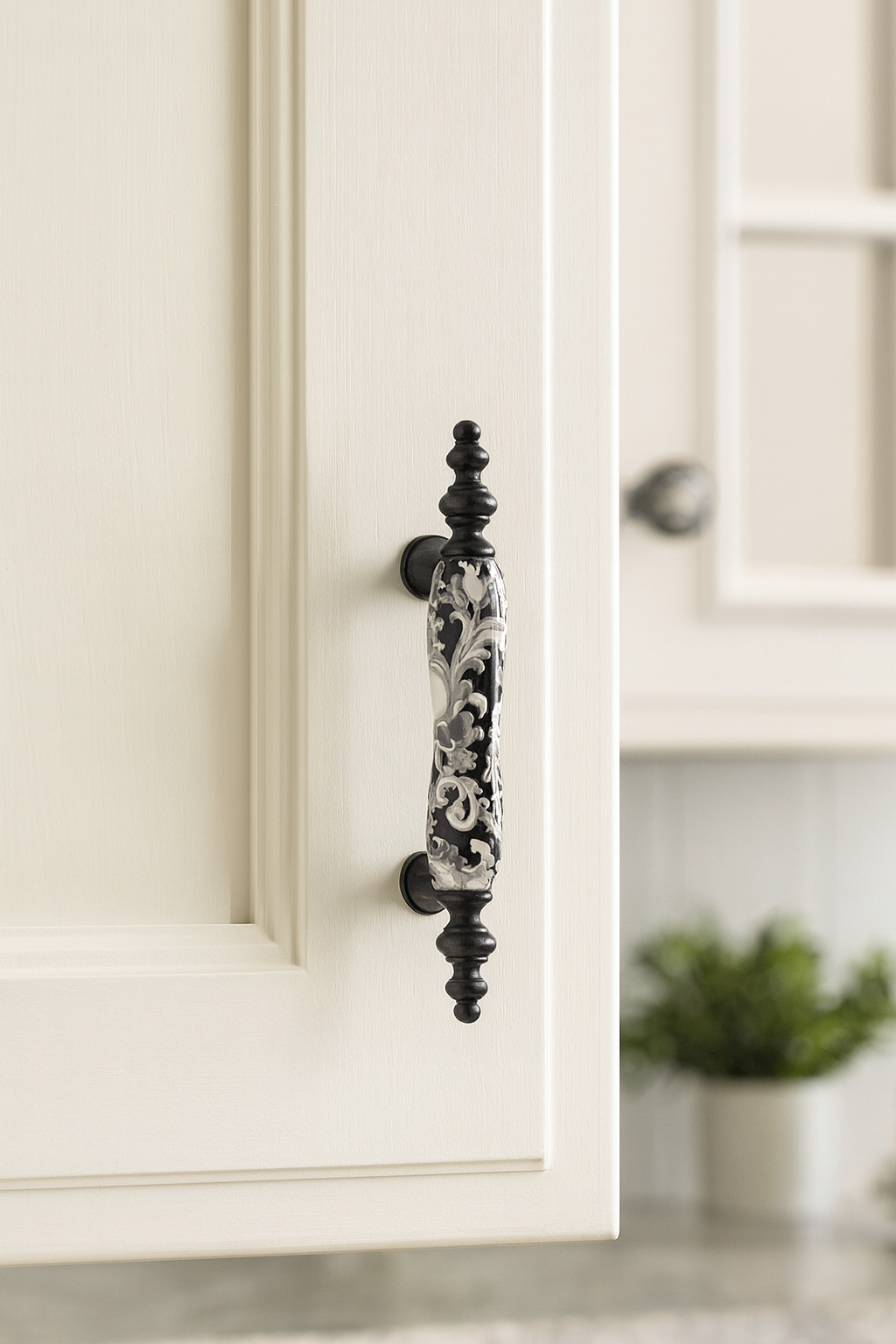3" Centers Ceramic Gray & Black Floral Cabinet Pull & Knob - 76 mm - LynnsHardware