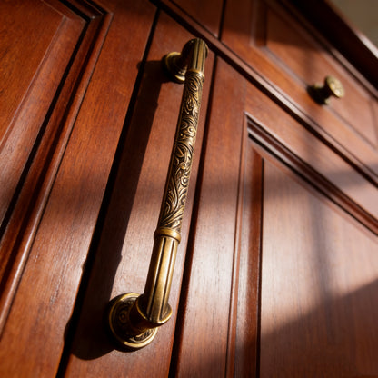 Antique Copper Dresser Pull Handle with Embossed Victorian Patterns - LynnsHardware