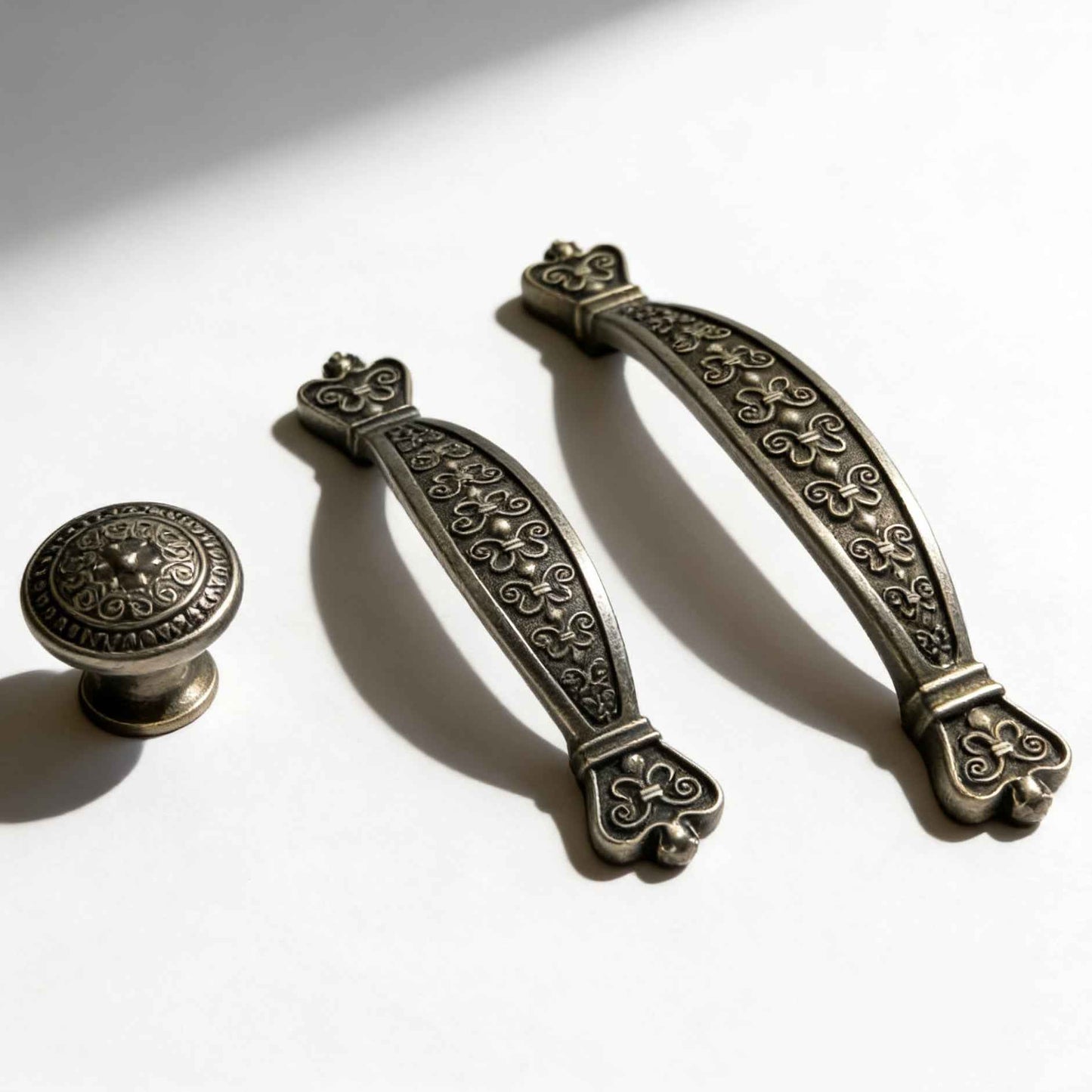 Antique Pewter Drawer Pulls - Embossed Cabinet Handles | 3.75" & 5" Centers