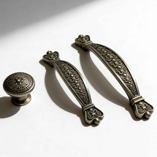Antique Pewter Drawer Pulls - Embossed Cabinet Handles | 3.75" & 5" Centers