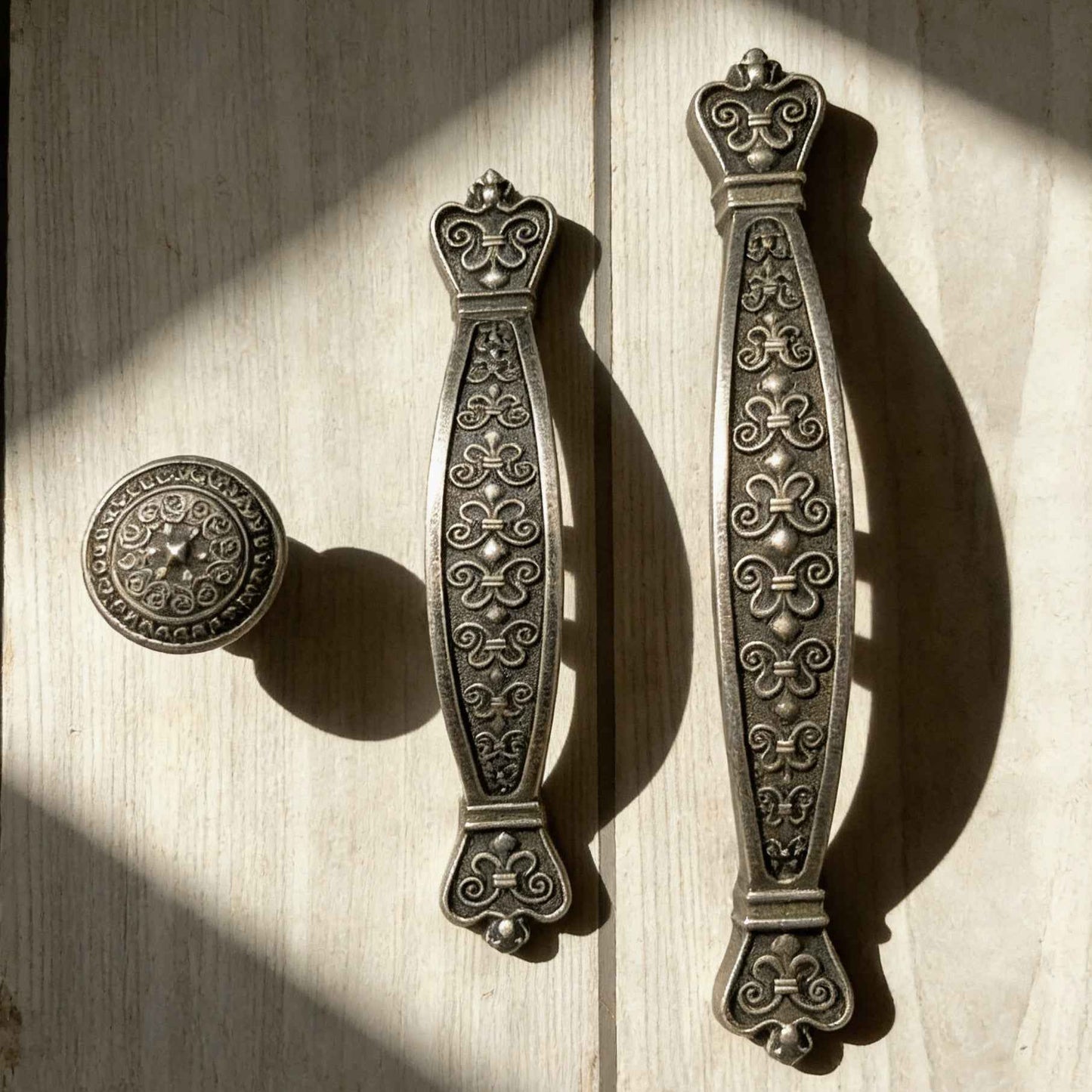 Antique Pewter Drawer Pulls - Embossed Cabinet Handles | 3.75" & 5" Centers