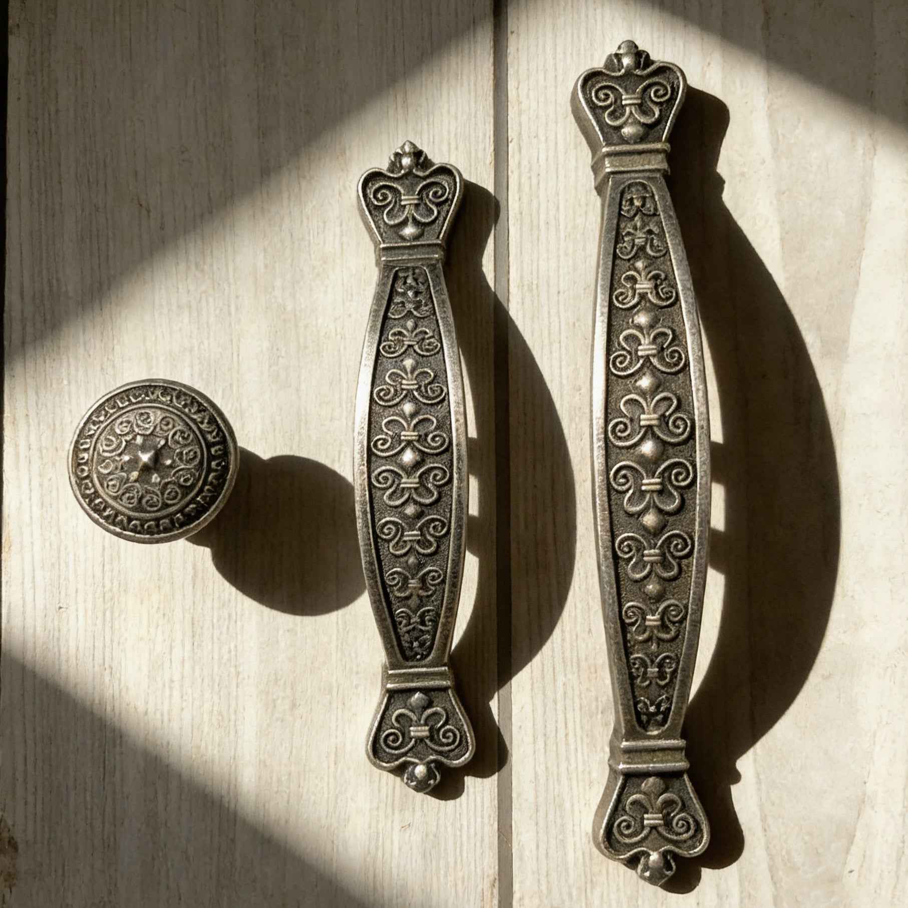 Antique Pewter Drawer Pulls - Embossed Cabinet Handles | 3.75" & 5" Centers