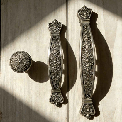 Antique Pewter Drawer Pulls - Embossed Cabinet Handles | 3.75" & 5" Centers