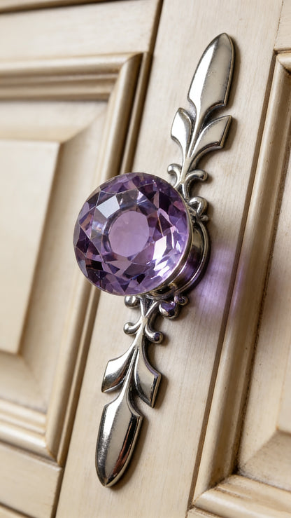 Violet Glass Drawer Knobs with Backplate, Polished Chrome - LynnsHardware