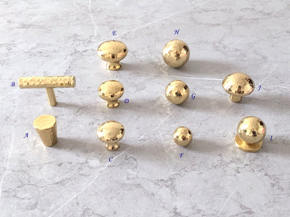 Hammered Gold Brass Drawer Knob, Ball / Tapered / Mushroom Cabinet Door Pull