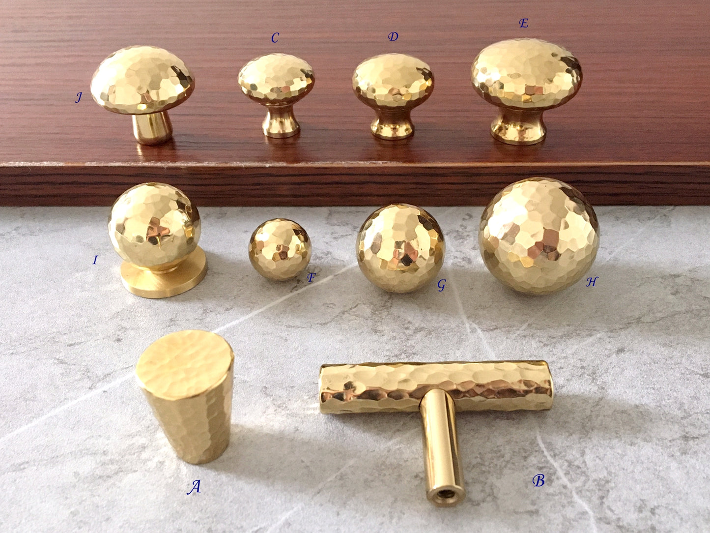 Hammered Gold Brass Drawer Knob, Ball / Tapered / Mushroom Cabinet Door Pull