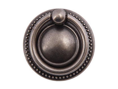 Drop Ring Drawer Pull with Backplate, Cabinet Knobs, Antique Pewter, 1.5" Diameter