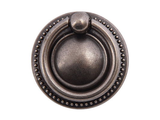 Drop Ring Drawer Pull with Backplate, Cabinet Knobs, Antique Pewter, 1.5" Diameter