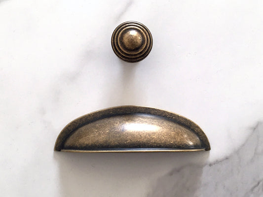3" Centers Antique Bronze Cup Drawer Pull & Cabinet Knob - Retro/Rustic