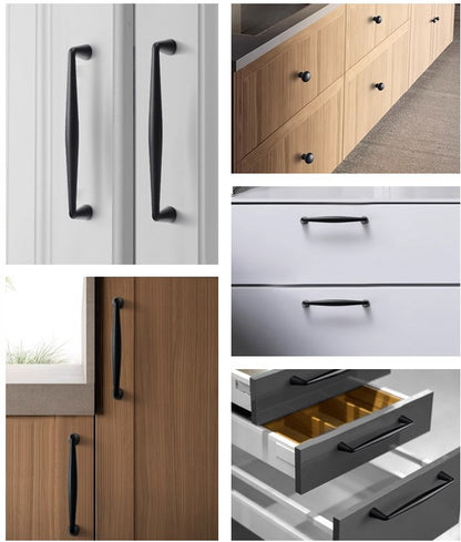 Collage of kitchen cabinets with black handles on various surfaces.