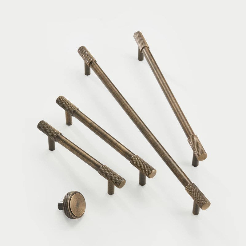 Knurled Brass Cabinet Bar Pulls in Matte Black, Antique Bronze & Brushed Gold