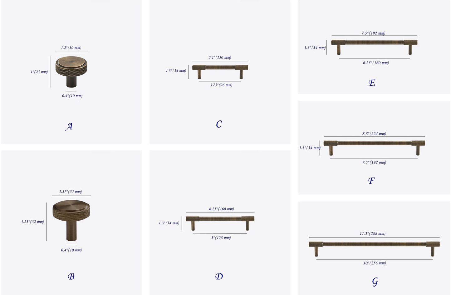 Knurled Brass Cabinet Bar Pulls in Matte Black, Antique Bronze & Brushed Gold