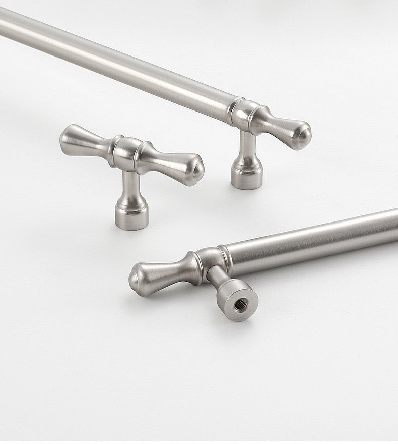 Solid Brass Euro Cabinet Bar Handle & T Knob - Brushed Nickel Steel