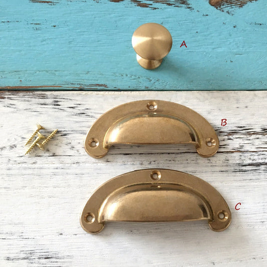 Solid Brass Cup Pull & Drawer Knob, Unlaquered Brass / Raw Brass