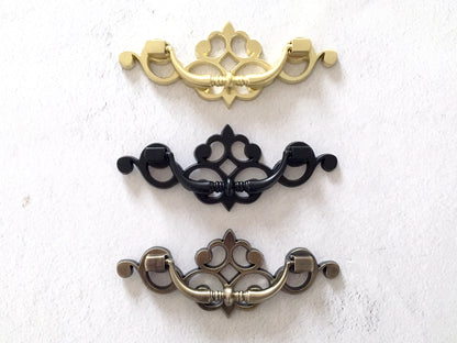 3.25" Drop Bail Drawer Pulls with Pierced Backplate, Gold, Black and Bronze