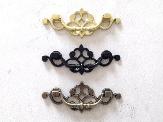 3.25" Drop Bail Drawer Pulls with Pierced Backplate, Gold, Black and Bronze